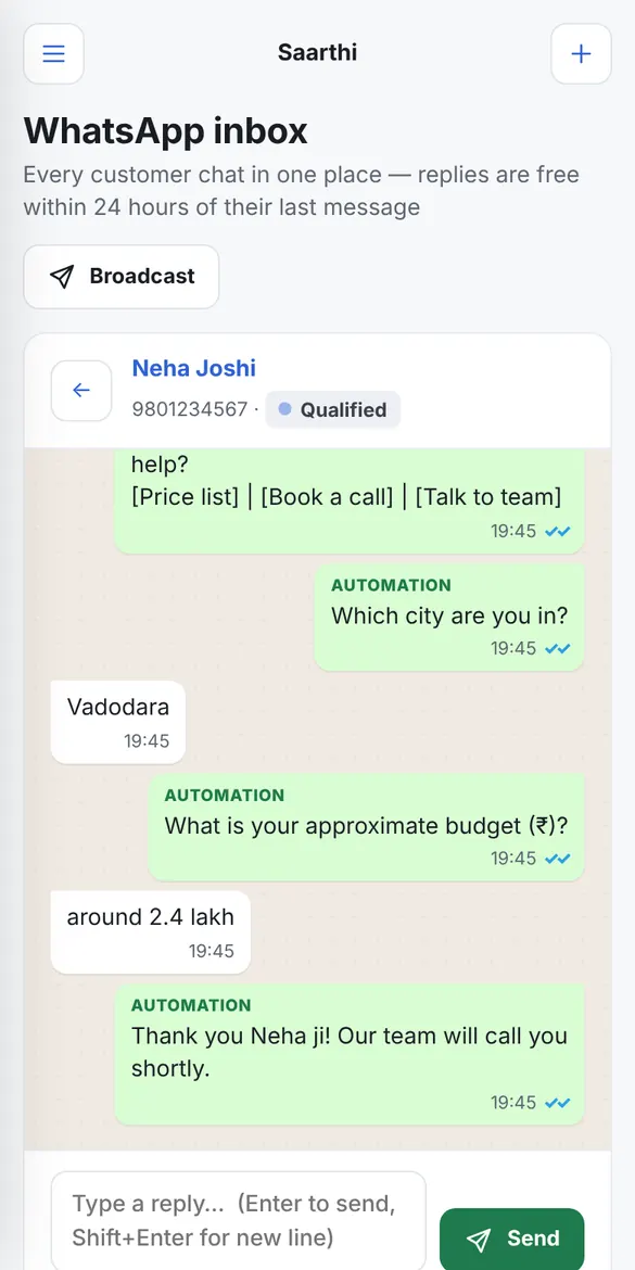 WhatsApp inbox on a phone